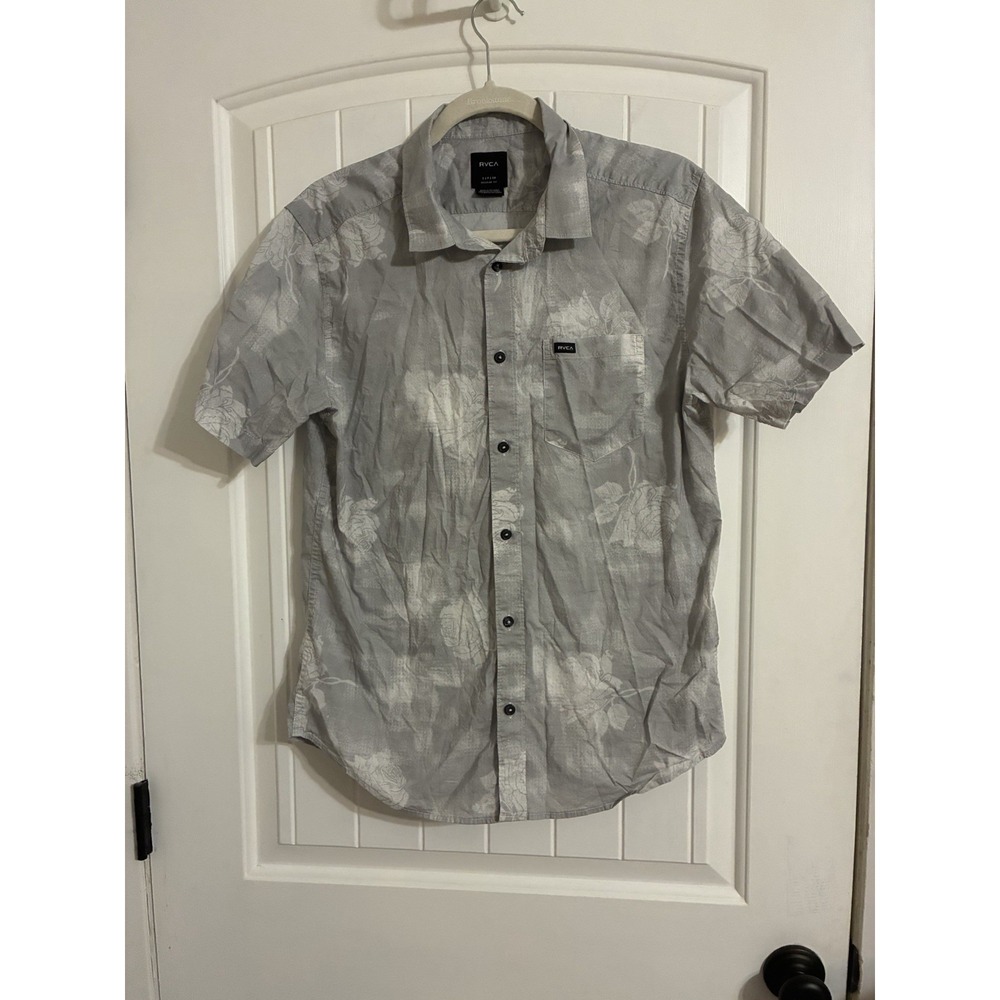 RVCA Men's Small Regular Fit Gray White Floral Button Front Shirt 100% Cotton